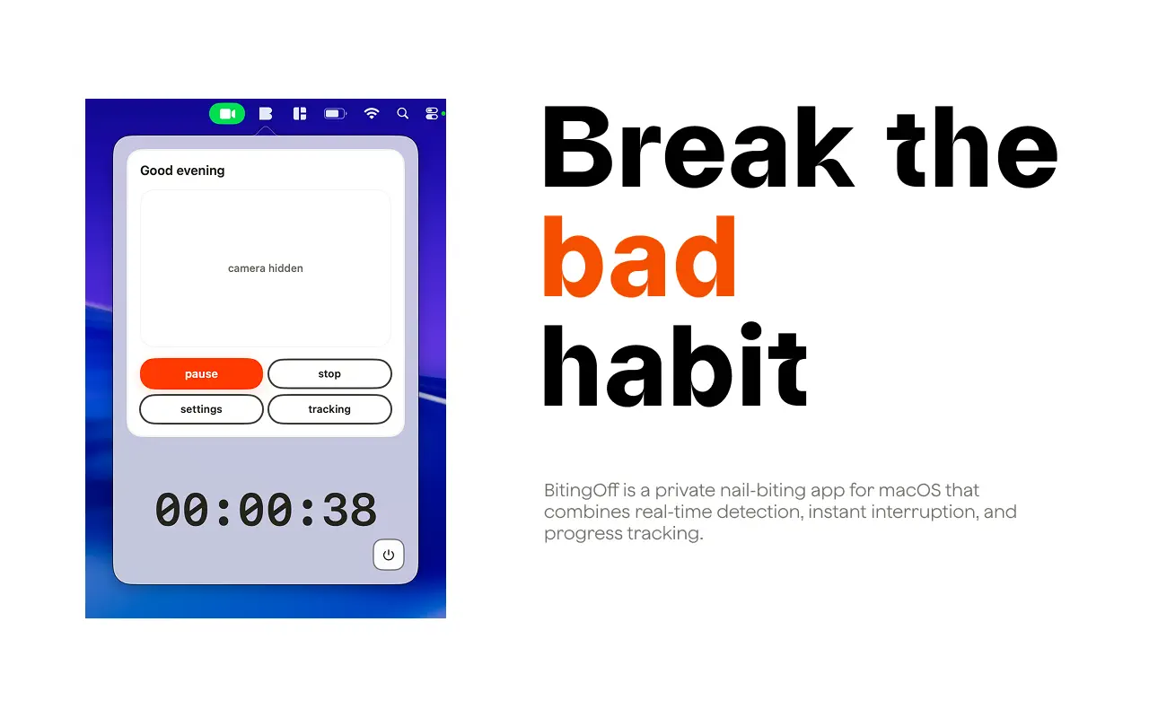 BitingOff session window with an illustrative fictional person in the camera preview, pause controls, and a session timer.